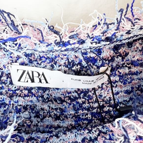 NWT ZARA Frayed Tweed Off the Shoulder Frayed Top S Blue - Picture 6 of 9